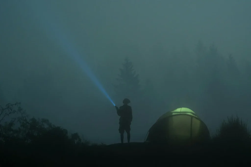 A remote and untouched landscape featuring a glowing volcanic eruption under a starry sky, surrounded by dense jungle foliage.
